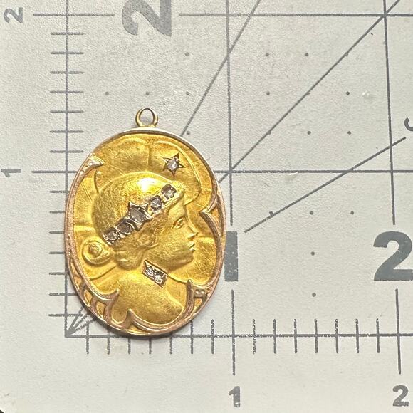 Antique Art Nouveau solid 18kt gold rose cut natural diamonds cameo pendant - Picture 9 of 10